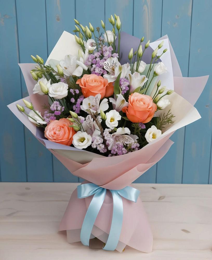 Букет цветов из: Лизиантусы, Розы, Альстромерии и Гипсофила в Сылва